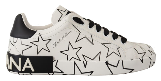 Dolce & Gabbana White Black Leather Stars Low Top Sneakers Shoes