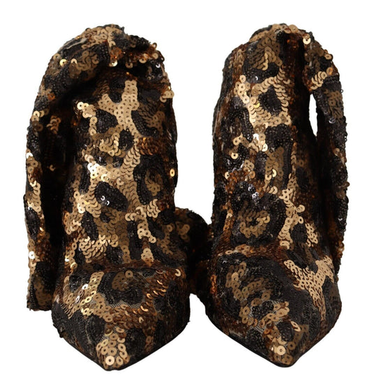 Dolce & Gabbana Gold Leopard Sequins Heels Boots Shoes