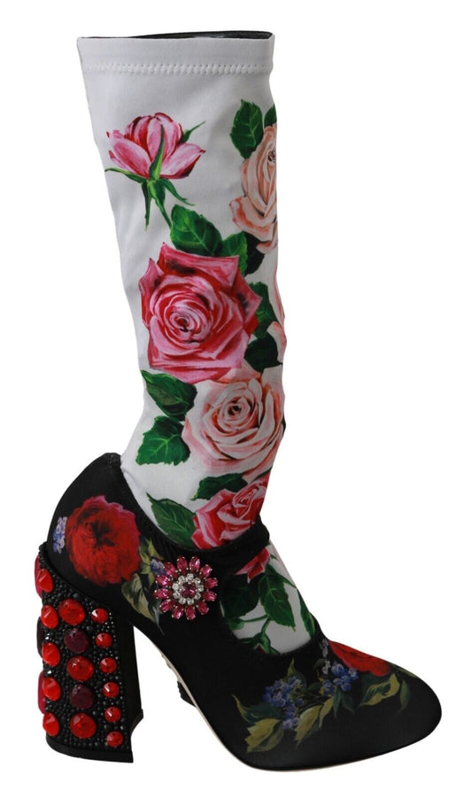 Dolce & Gabbana Black Floral Socks Crystal Jersey Boots Shoes