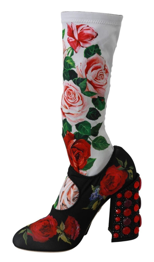 Dolce & Gabbana Black Floral Socks Crystal Jersey Boots Shoes