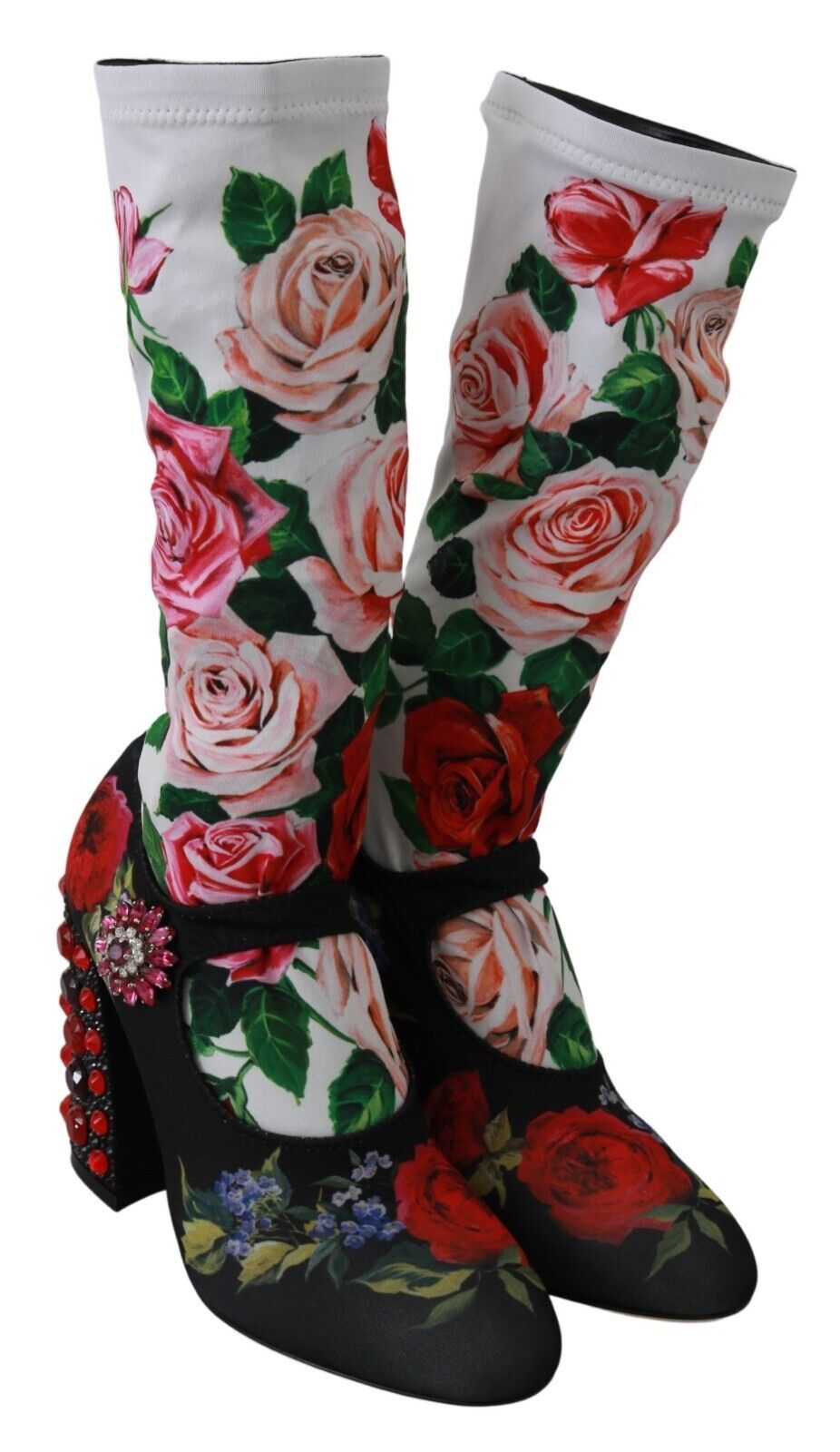 Dolce & Gabbana Black Floral Socks Crystal Jersey Boots Shoes