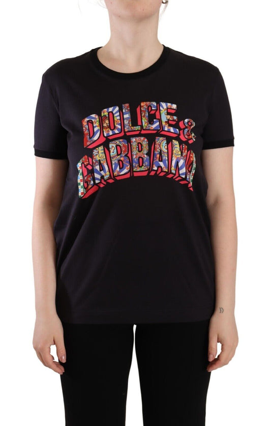 Dolce & Gabbana Black Logo Print Cotton Crew Neck Tee T-shirt