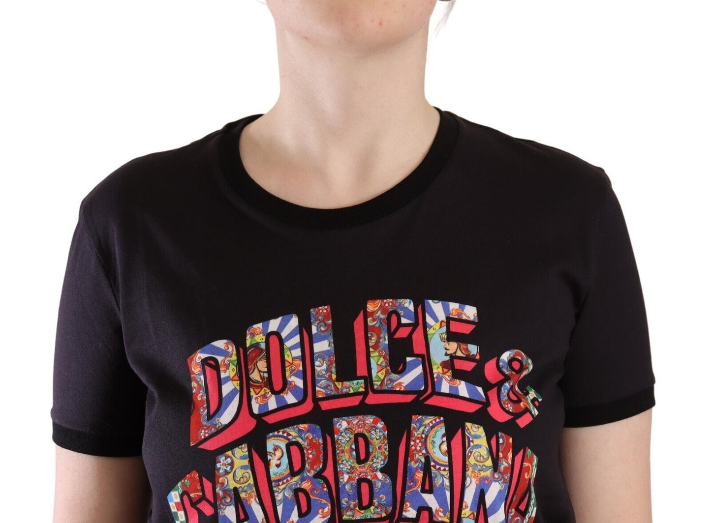 Dolce & Gabbana Black Logo Print Cotton Crew Neck Tee T-shirt