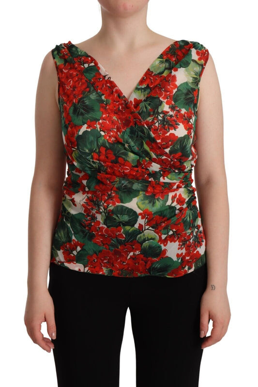 Dolce & Gabbana Multicolor Geranium Silk Sleeveless V-neck Top