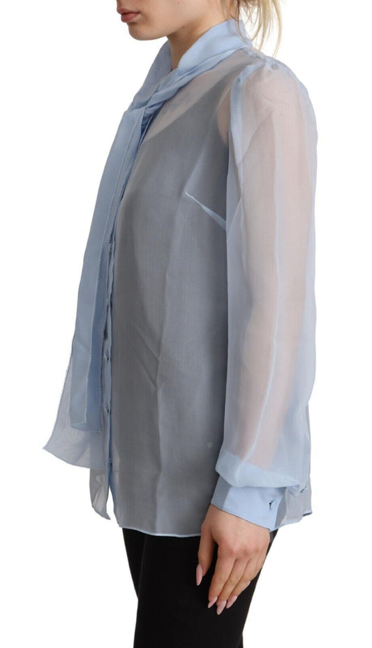 Dolce & Gabbana Light Blue Silk Ascot Collar Long Sleeves Blouse Top