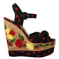 Dolce & Gabbana Black Red Multicolor Floral Charmeuse Platform Wedge Sandals