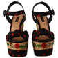 Dolce & Gabbana Black Red Multicolor Floral Charmeuse Platform Wedge Sandals