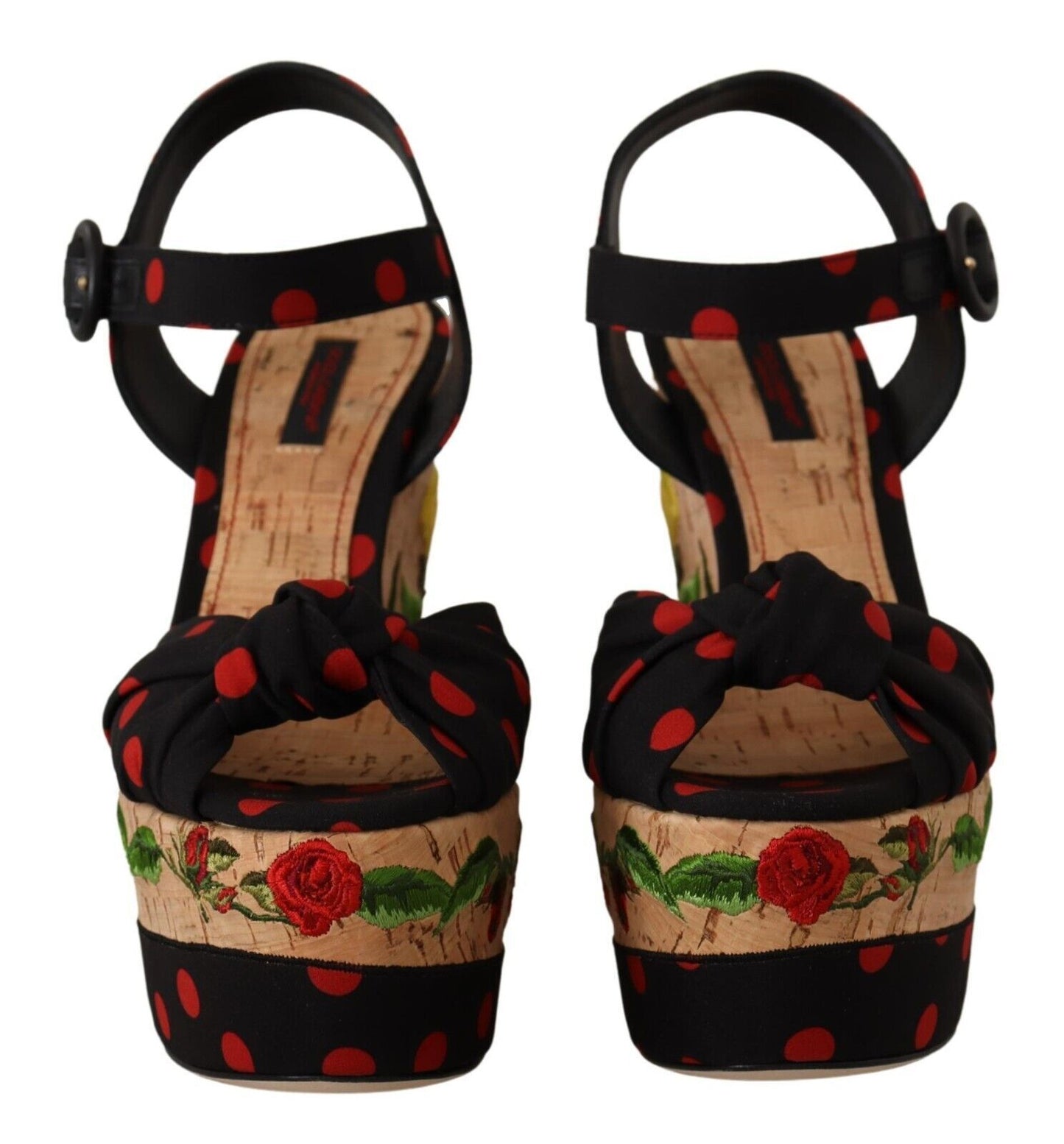 Dolce & Gabbana Black Red Multicolor Floral Charmeuse Platform Wedge Sandals