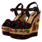 Dolce & Gabbana Black Red Multicolor Floral Charmeuse Platform Wedge Sandals