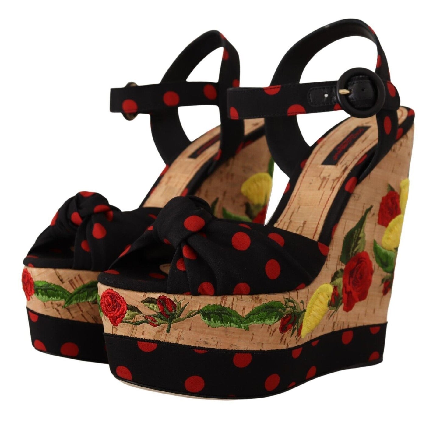 Dolce & Gabbana Black Red Multicolor Floral Charmeuse Platform Wedge Sandals