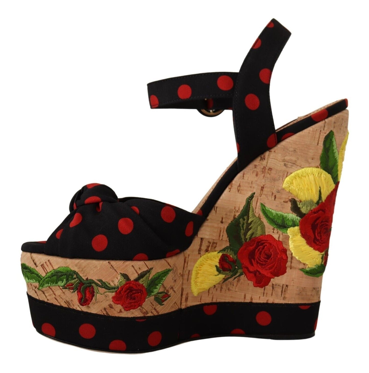 Dolce & Gabbana Black Red Multicolor Floral Charmeuse Platform Wedge Sandals