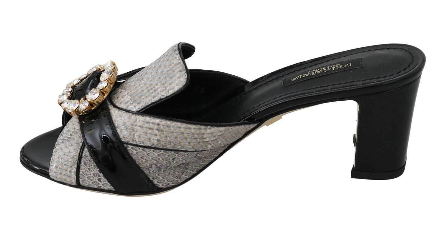 Dolce & Gabbana Black Gray Exotic Leather Crystals Sandals Shoes