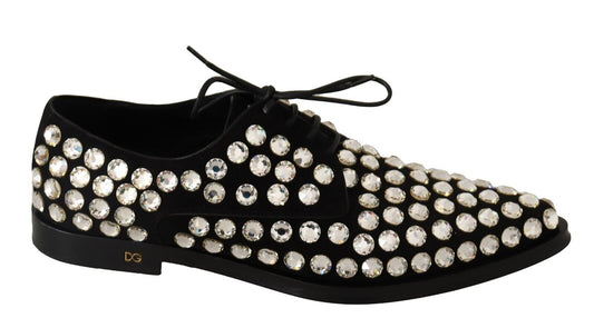 Dolce & Gabbana Black Leather Crystals Lace Up Formal Shoes