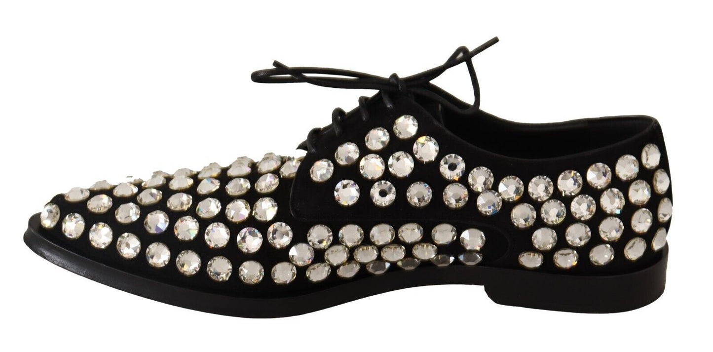 Dolce & Gabbana Black Leather Crystals Lace Up Formal Shoes