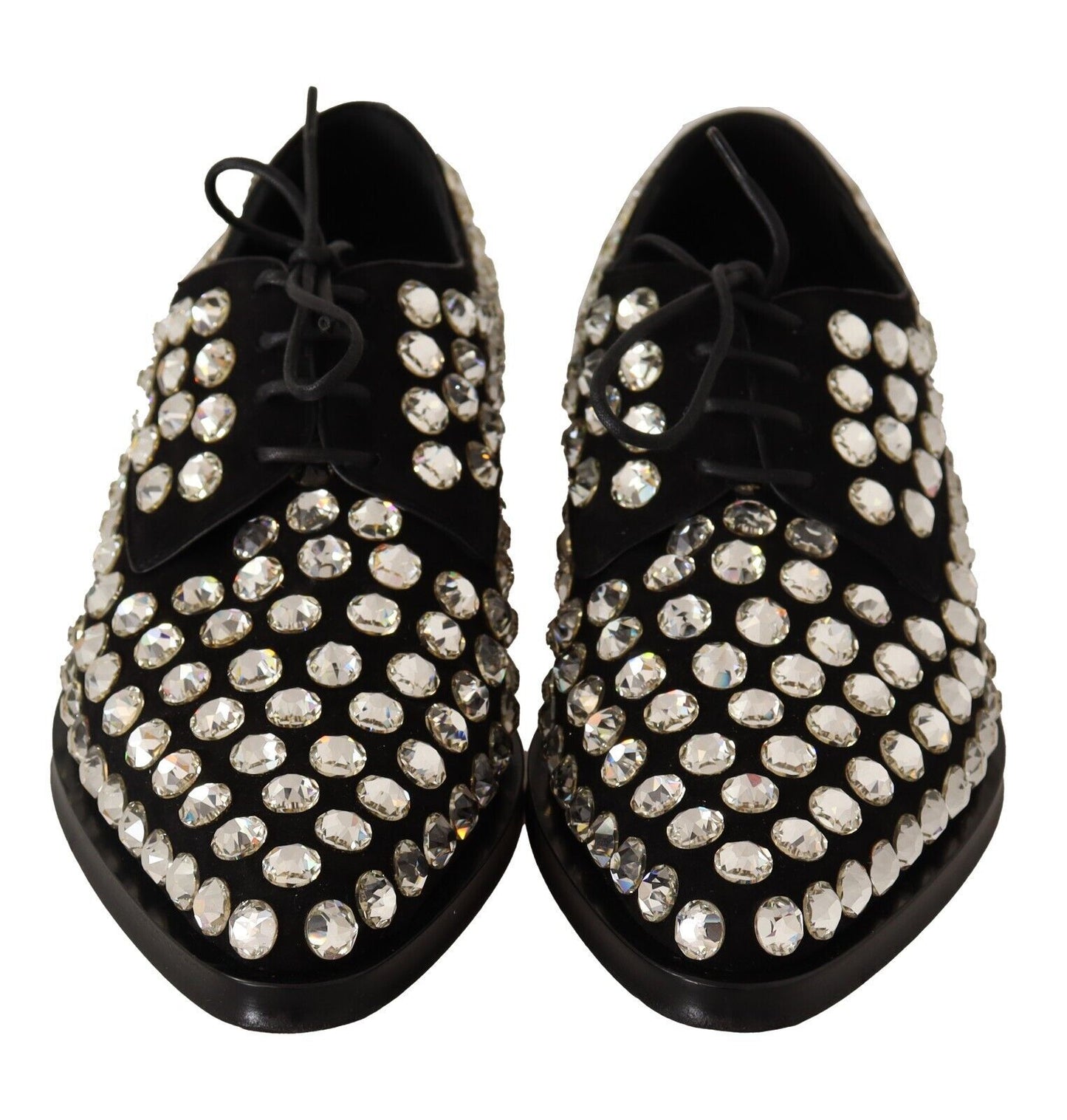 Dolce & Gabbana Black Leather Crystals Lace Up Formal Shoes