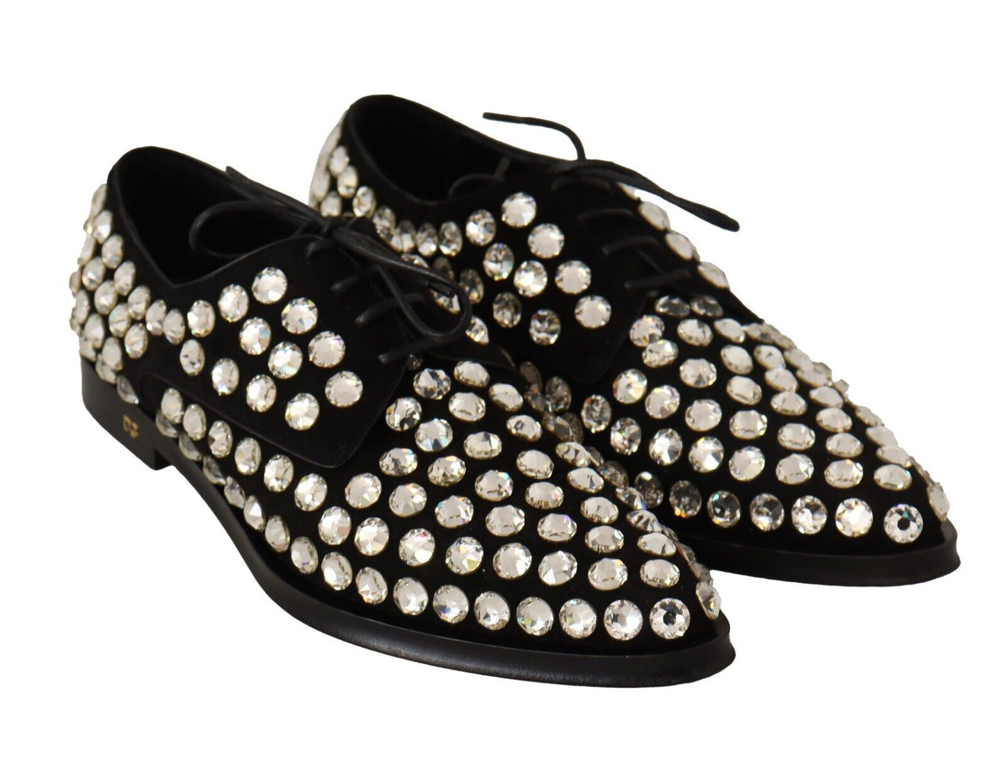 Dolce & Gabbana Black Leather Crystals Lace Up Formal Shoes