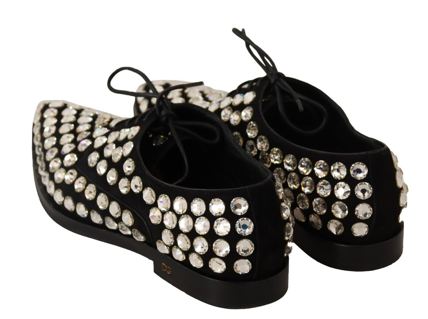 Dolce & Gabbana Black Leather Crystals Lace Up Formal Shoes