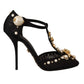 Dolce & Gabbana Black Faux Pearl Crystal Vally Heels Sandals Shoes