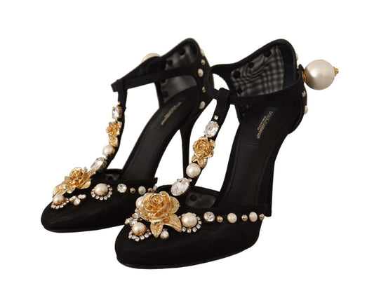 Dolce & Gabbana Black Faux Pearl Crystal Vally Heels Sandals Shoes