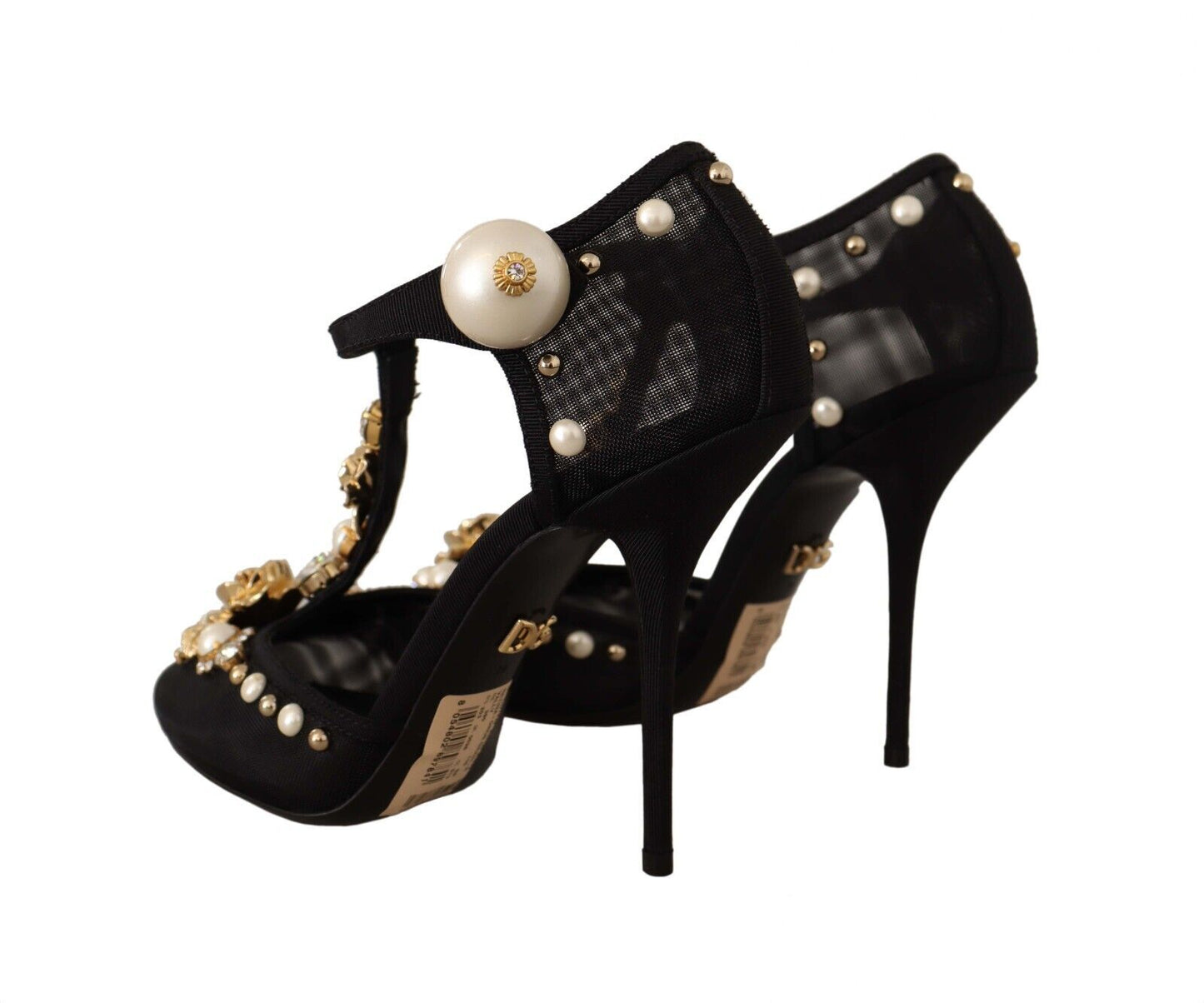 Dolce & Gabbana Black Faux Pearl Crystal Vally Heels Sandals Shoes