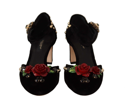 Dolce & Gabbana Black Embellished Ankle Strap Heels Sandals Shoes