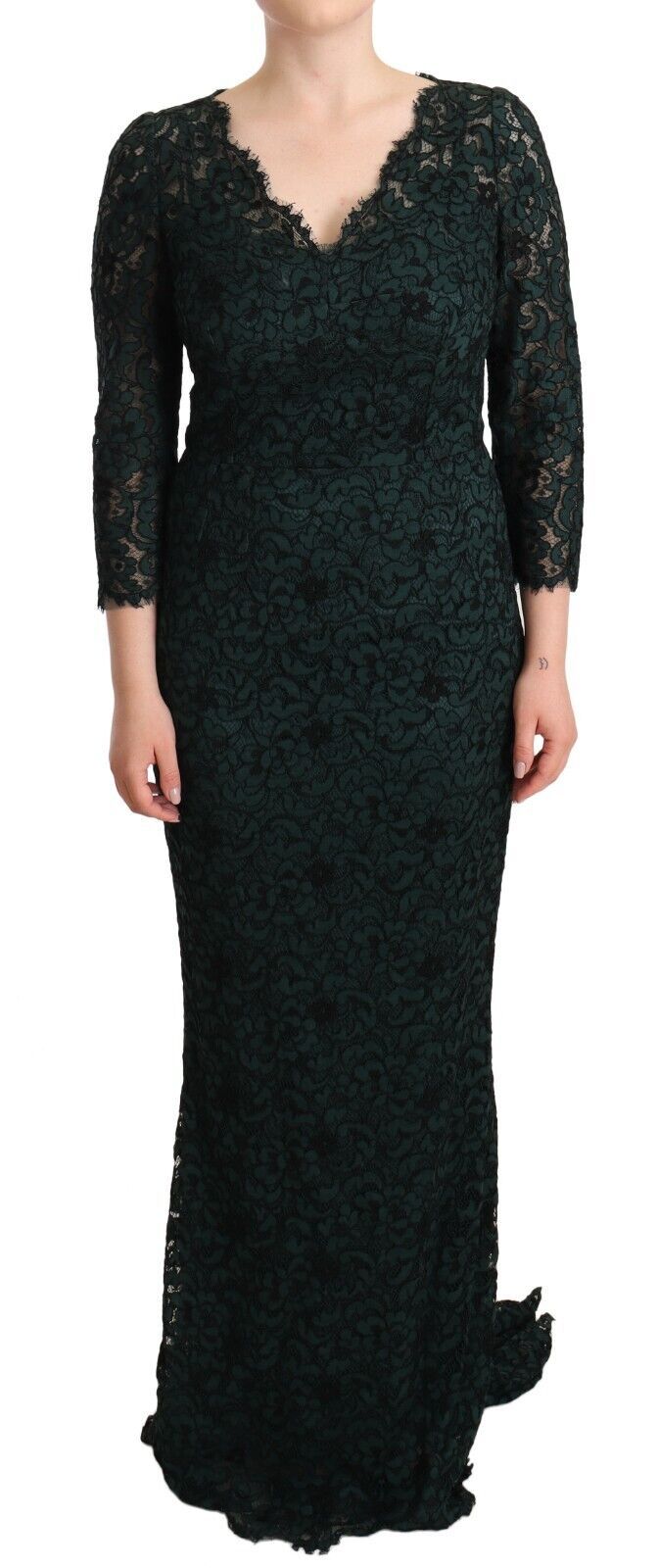 Dolce & Gabbana Green Floral Lace Maxi Dress