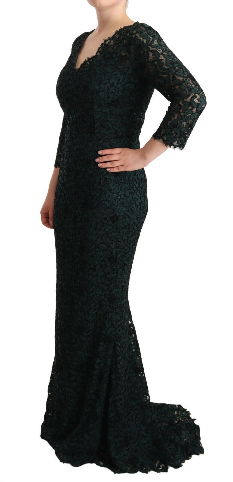 Dolce & Gabbana Green Floral Lace Maxi Dress