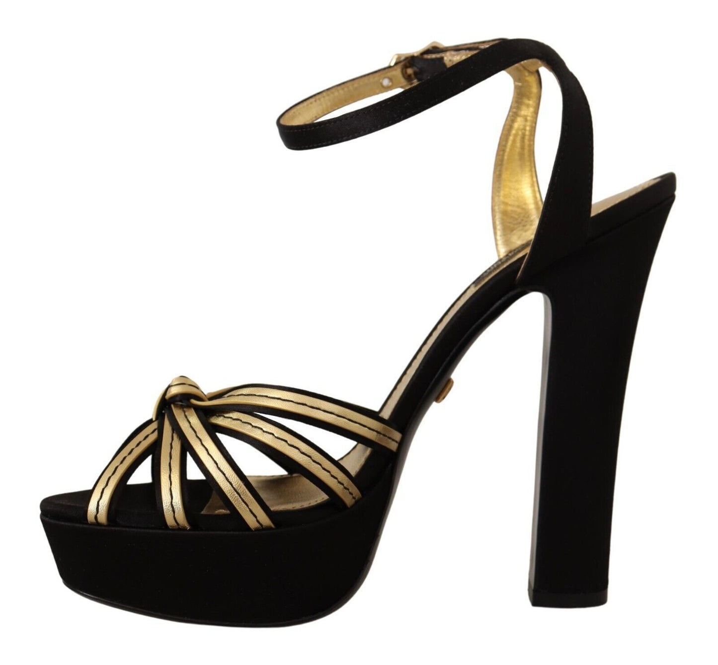 Dolce & Gabbana Black Gold Viscose Ankle Strap Heels Sandals Shoes