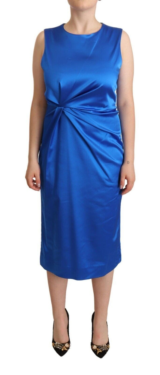 P.A.R.O.S.H. Blue Sleeveless Pleated Midi Sheath Dress