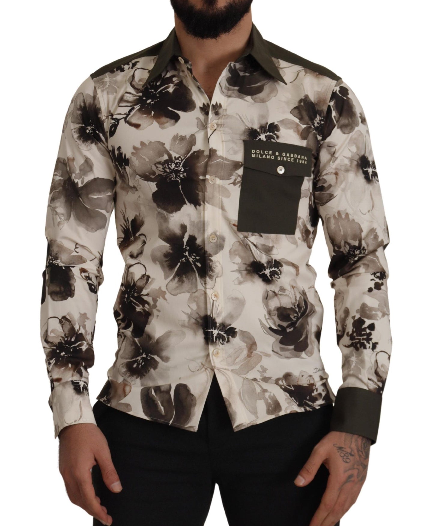 Dolce & Gabbana Green Beige Floral Cotton Stretch Exclusive Shirt