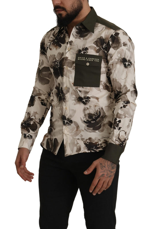 Dolce & Gabbana Green Beige Floral Cotton Stretch Exclusive Shirt