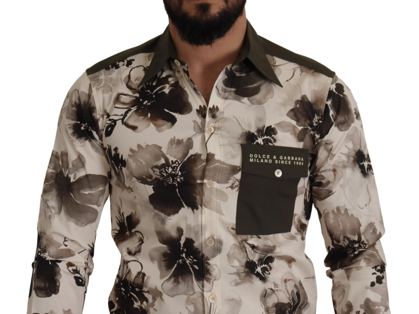 Dolce & Gabbana Green Beige Floral Cotton Stretch Exclusive Shirt