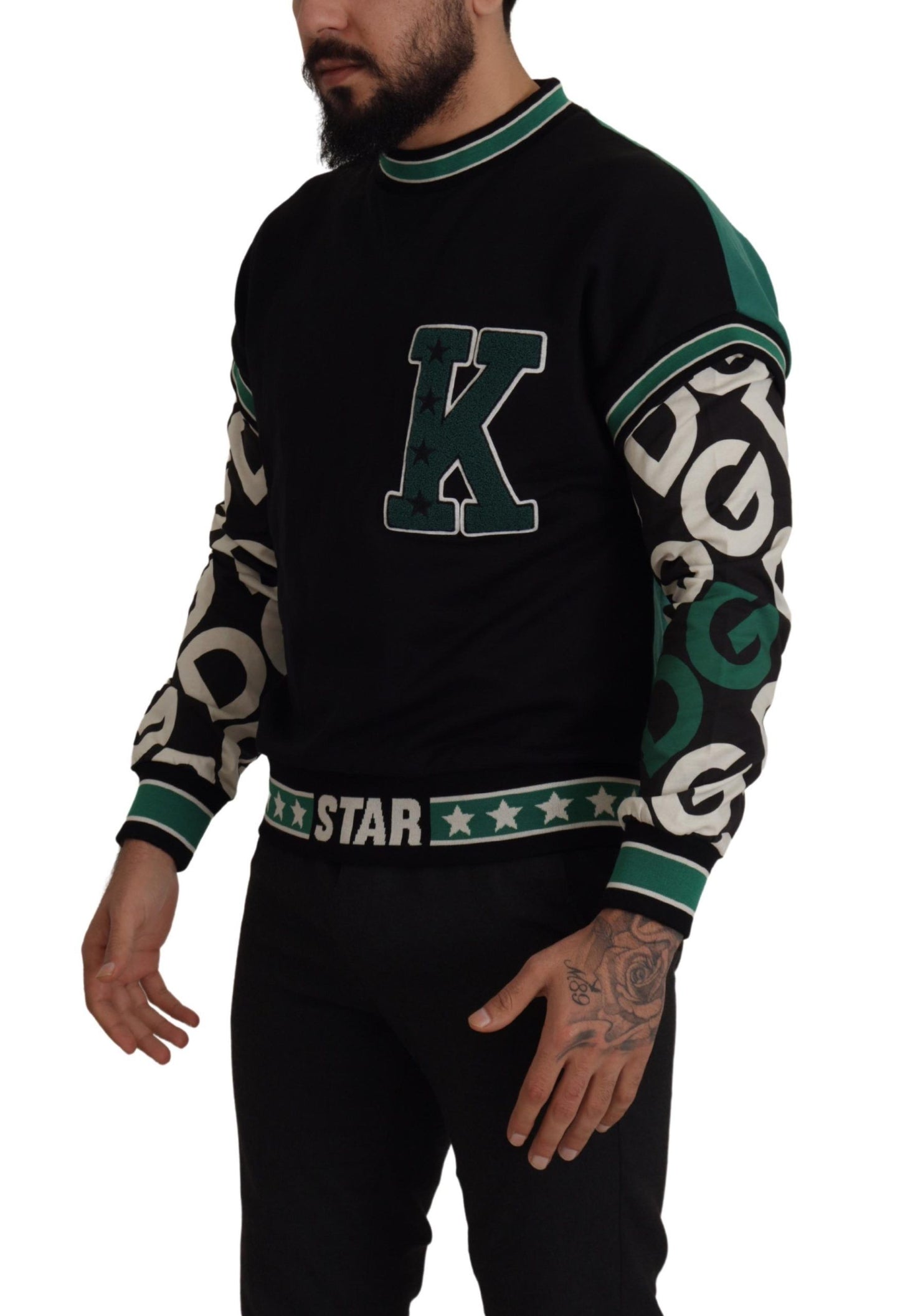 Dolce & Gabbana Black Green Cotton KING Star Crewneck Pullover Sweater