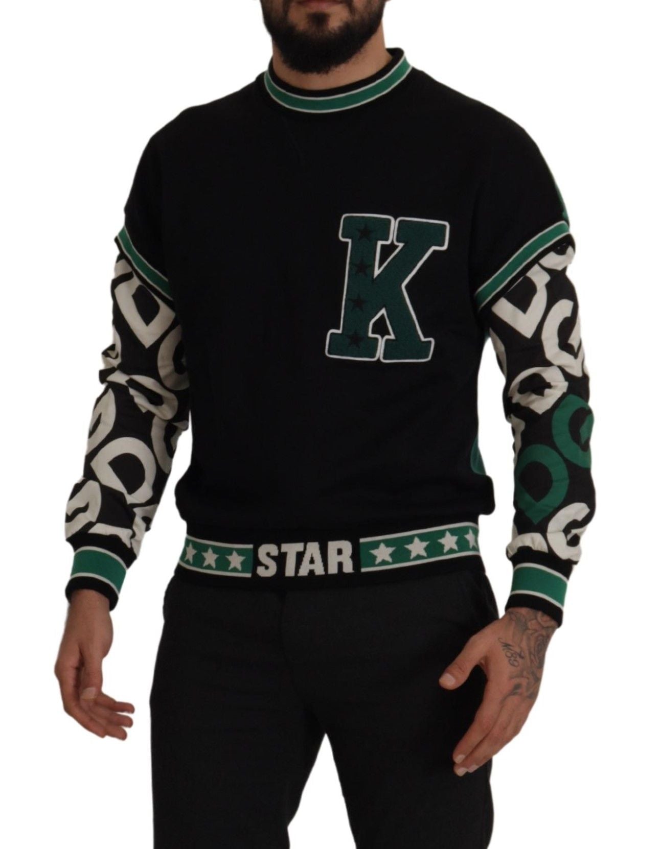 Dolce & Gabbana Black Green Cotton KING Star Crewneck Pullover Sweater