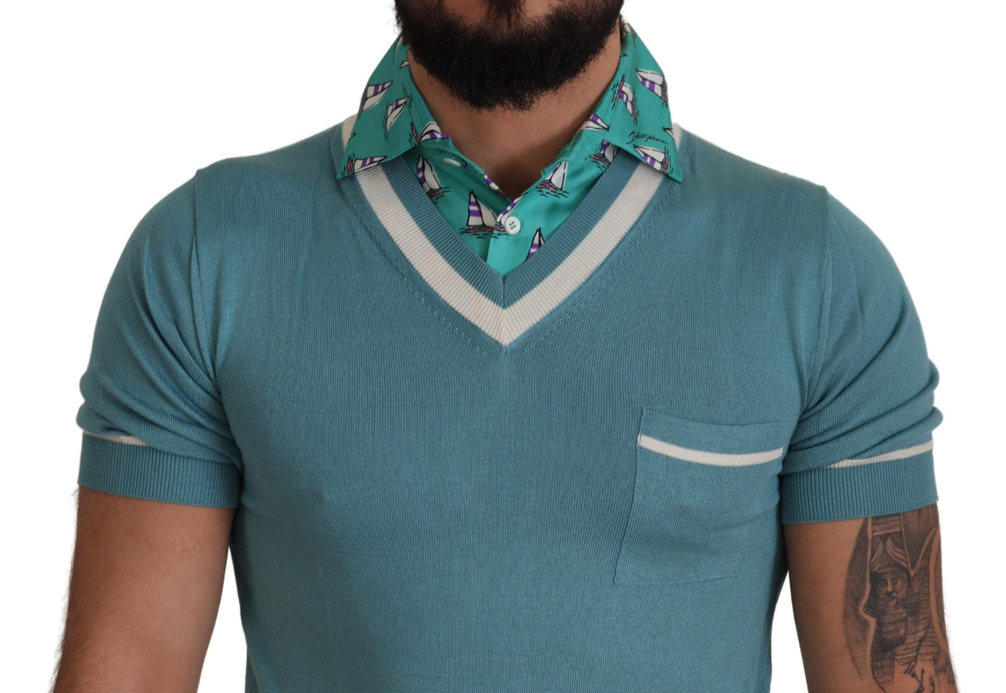 Dolce & Gabbana Blue Silk V-neck Nautical Print Collar Polo Shirt