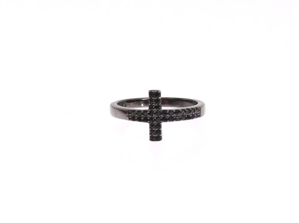 Nialaya Black CZ Cross Rhodium 925 Ring