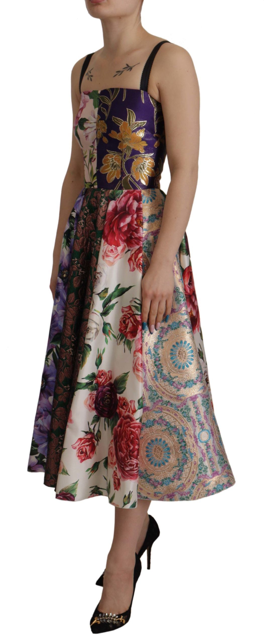 Dolce & Gabbana Multicolor Pachwork Print Floral Jaquard Silk Midi  Dress