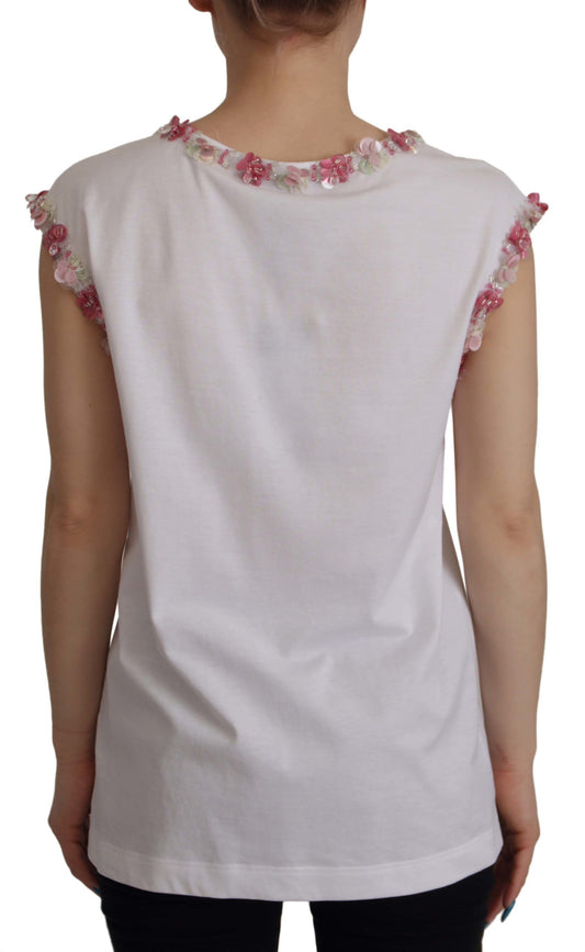 Dolce & Gabbana White DG Crown Floral Sequin T-shirt