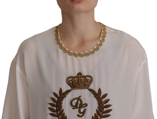 Dolce & Gabbana White Silk Gold DG Crown Crystal Blouse Top