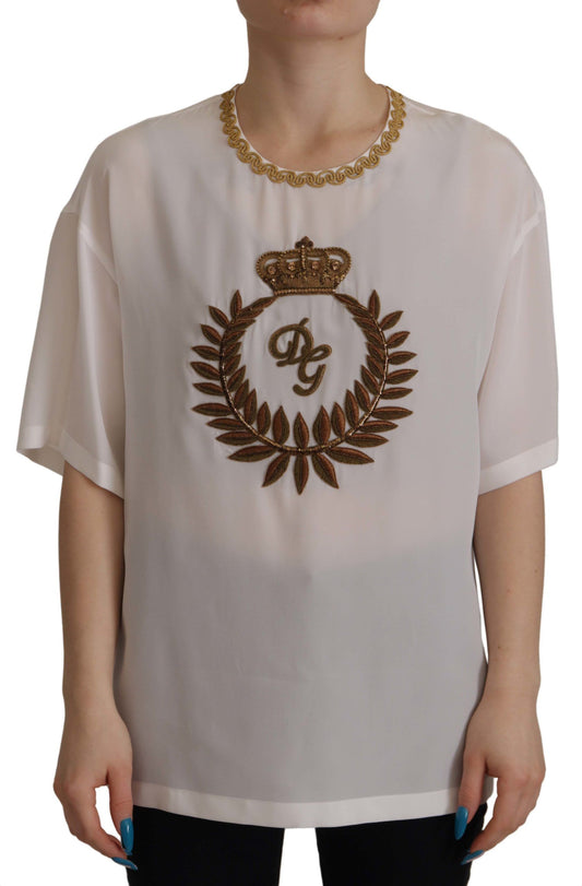 Dolce & Gabbana White Silk Gold DG Crown Crystal Blouse Top