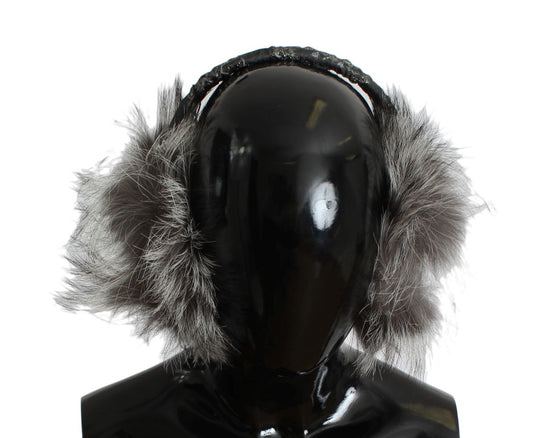 Dolce & Gabbana Gray Fox Fur Crystal Ear Muffs