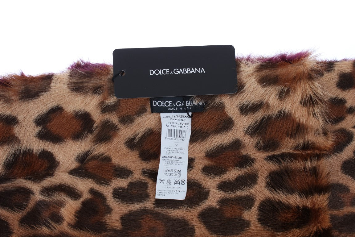 Dolce & Gabbana Purple Lamb Fur Leopard Print Scarf