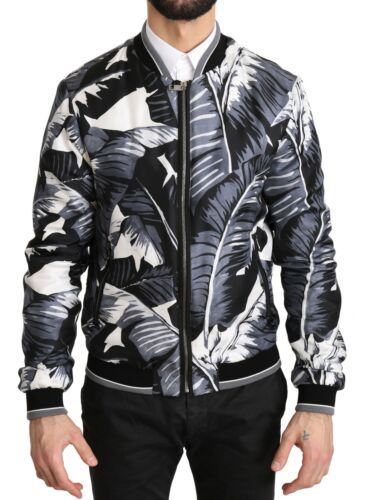 Dolce & Gabbana Black Silk Banana Leaf Print Bomber Jacket