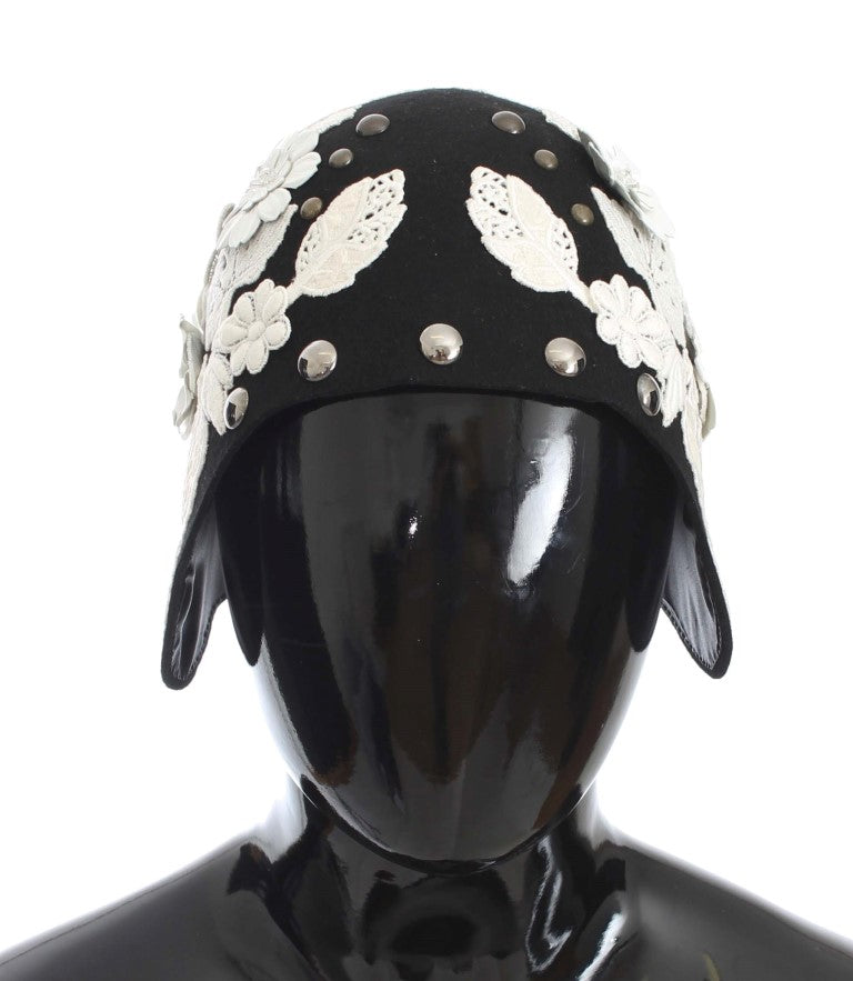 Dolce & Gabbana Black Wool White Floral Gold Leaf Hat