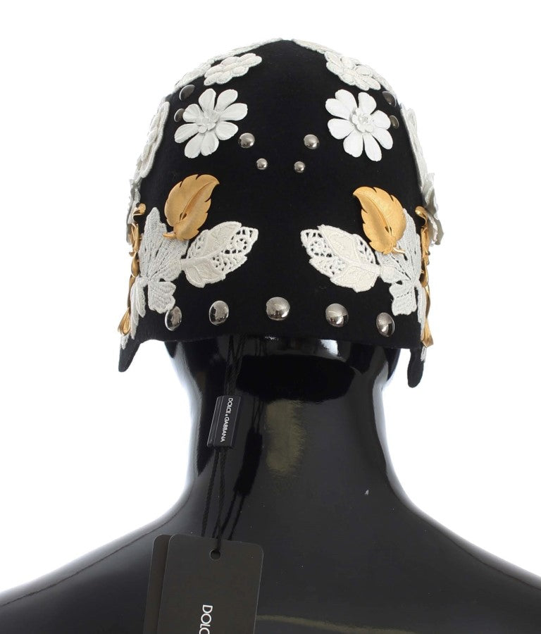 Dolce & Gabbana Black Wool White Floral Gold Leaf Hat