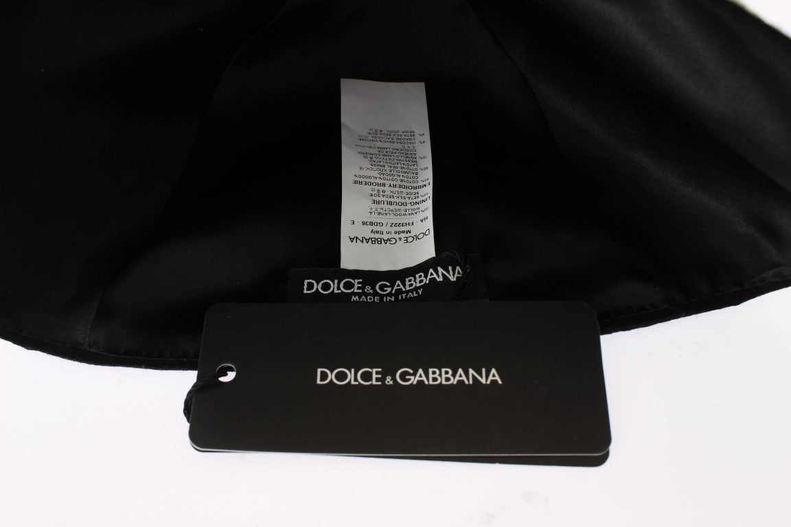 Dolce & Gabbana Black Wool White Floral Gold Leaf Hat