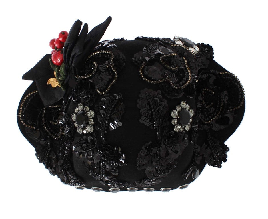 Dolce & Gabbana Black Crystal Gold Cherries Brooch Hat