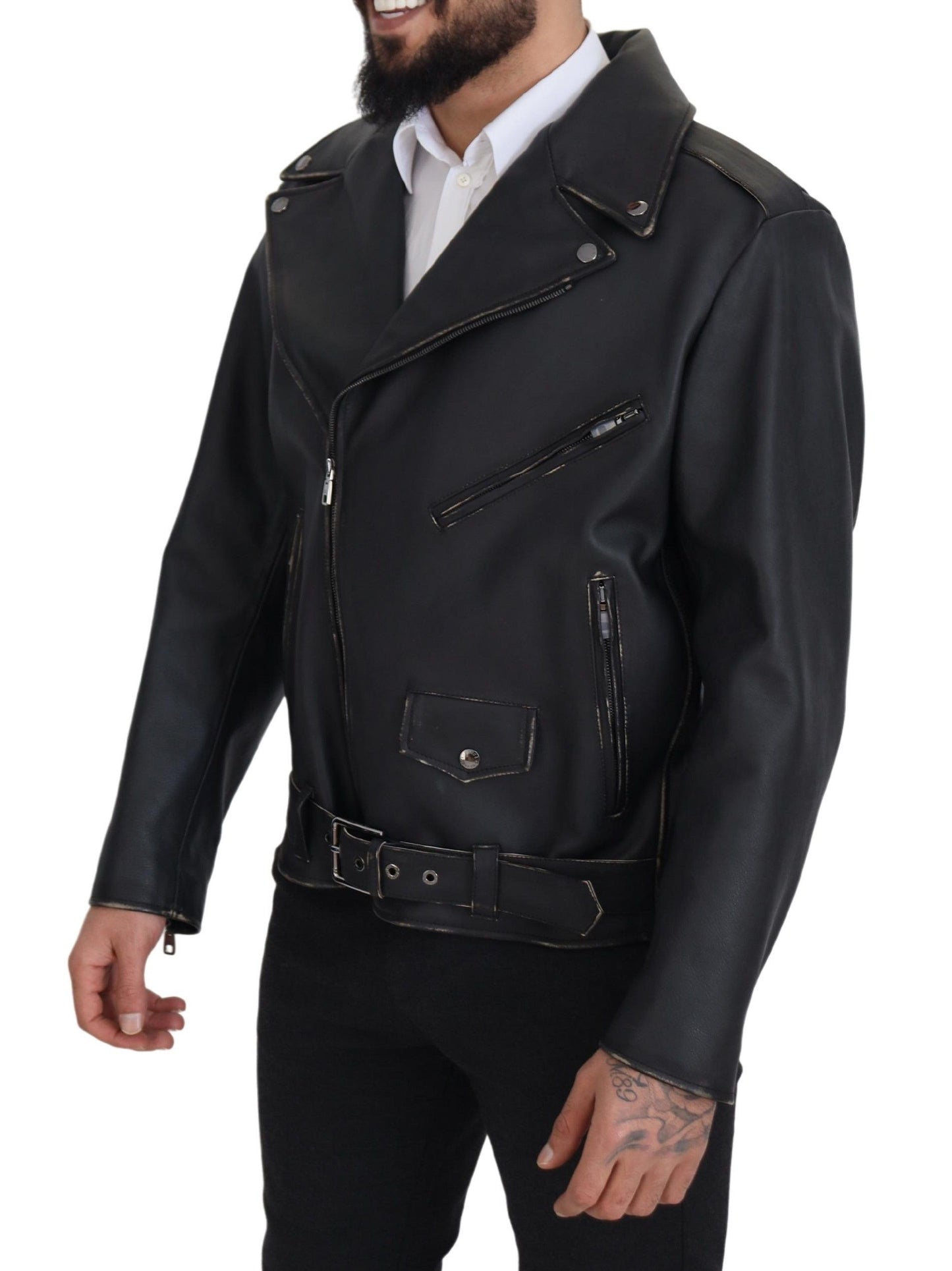 Dolce & Gabbana Black Leather Biker Coat Zipper Jacket