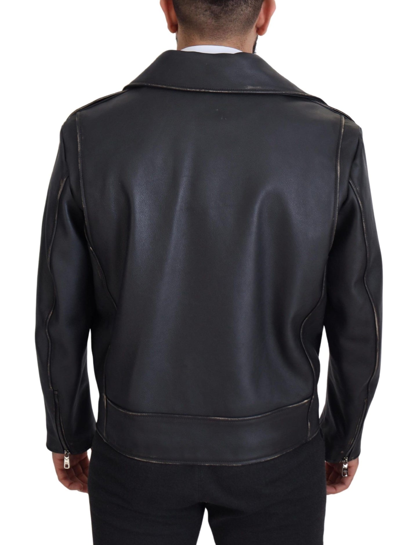 Dolce & Gabbana Black Leather Biker Coat Zipper Jacket