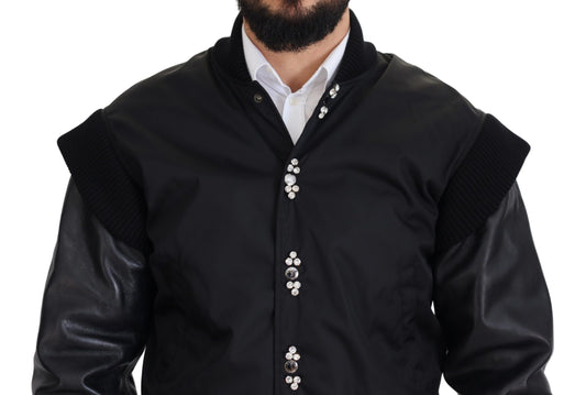 Dolce & Gabbana Black Crystals Button Bomber Jacket